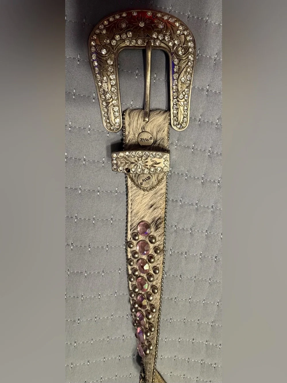 Western-Style Women’s Belt with rhinestones Pink Cowhide genuine leather - Picture 8 of 12
